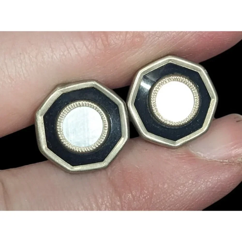 Vintage Mother Of Pearl Silver Tone Snap Cuff Links